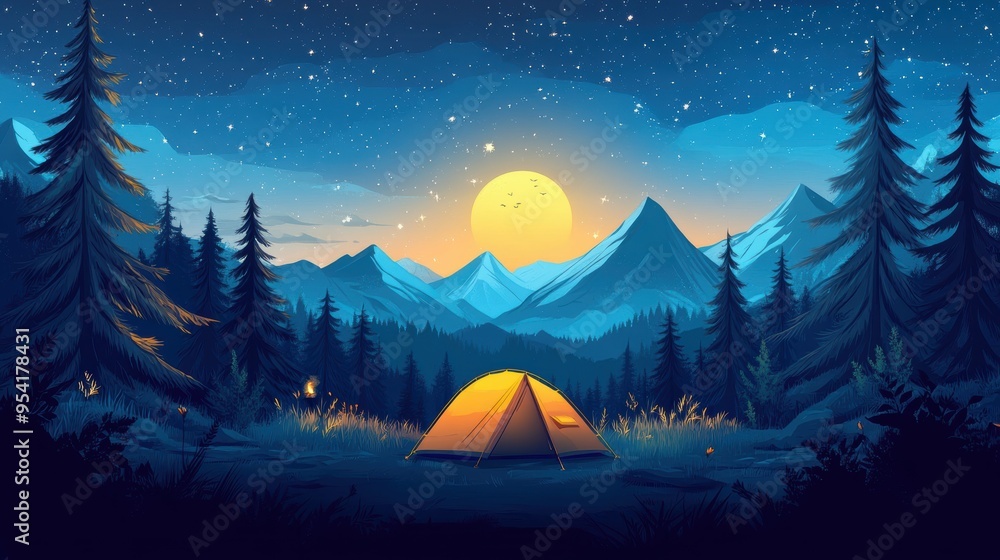 Serene Camping Under Starlit Pines: Tranquil Night in Forest Campground Serene Camping Under Starlit Pines: Tranquil Night in Forest Campground
