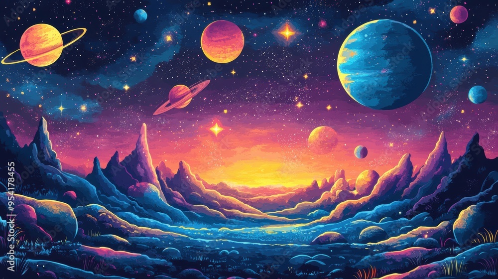 Enchanting Cosmic Playground - Whimsical Planets and Stars in Colorful Outer Space Adventure Enchanting Cosmic Playground - Whimsical Planets and Stars in Colorful Outer Space Adventure