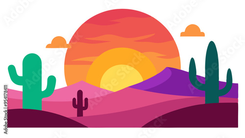 Vector Illustration of Desert Landscape with Vibrant Sunset and Cacti