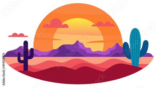 Vector Illustration of Desert Landscape with Vibrant Sunset and Cacti