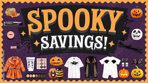 A vibrant orange and black Halloween themed collage with spooky savings for your next marketing campaign 
 photo