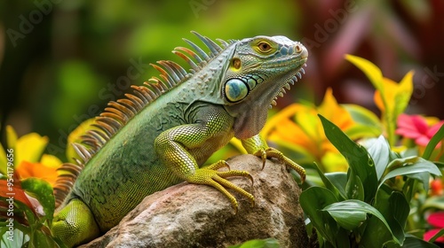 Wallpaper Mural Green Iguana on a Rock in a Lush Garden Torontodigital.ca