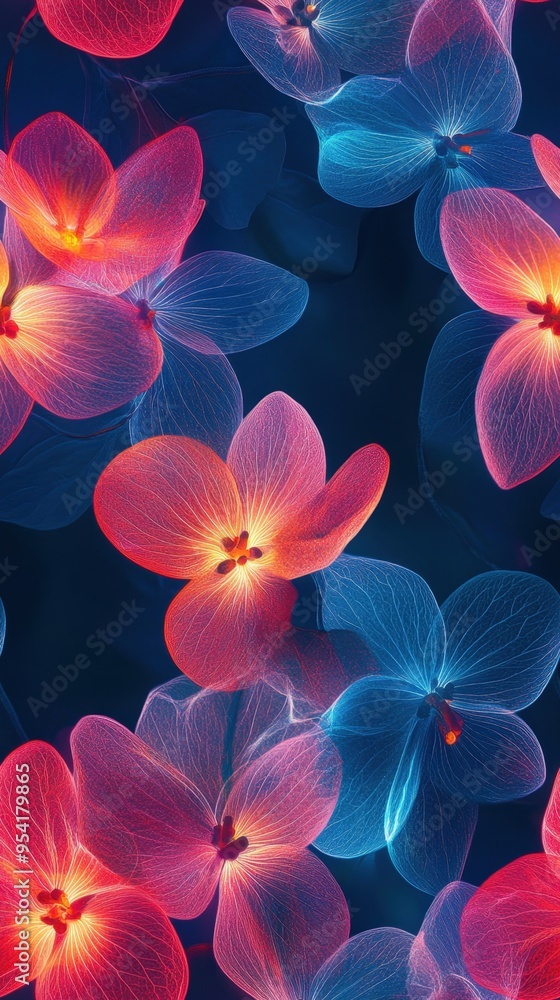 Vibrant abstract floral pattern with neon blue and pink flowers on a dark background, creating a stunning visual contrast. Vibrant abstract floral pattern with neon blue and pink flowers on a dark background, creating a stunning visual contrast.