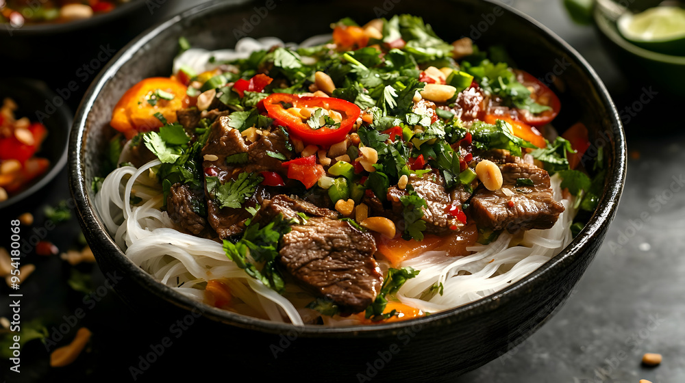 Close-up of a bowl of rice noodles with beef, peppers, peanuts, and cilantro. Close-up of a bowl of rice noodles with beef, peppers, peanuts, and cilantro.