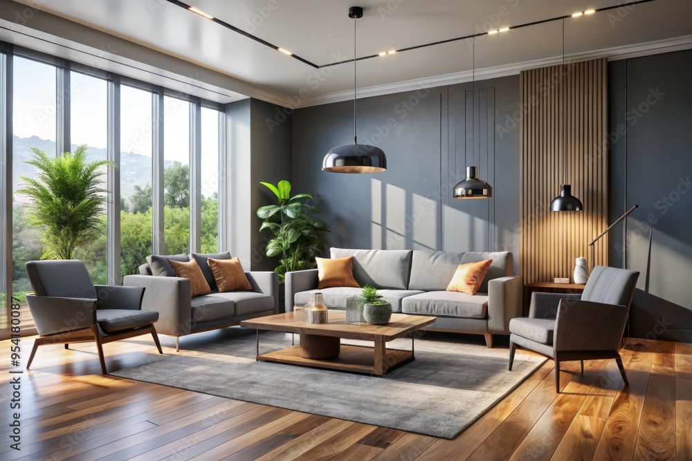 Fototapeta premium Modern minimalist living room interior rendering features sleek gray walls, polished wooden floors, and sleek furniture