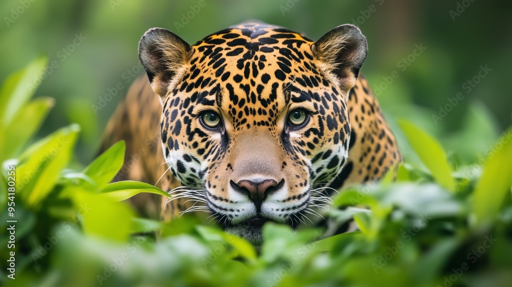 Obraz premium A jaguar is looking at the camera in a lush green forest. Concept of wildness and untamed nature, as the jaguar stands in the midst of the dense foliage