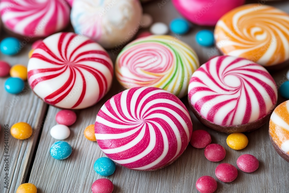 Various colorful round striped candies artistically displayed on a wooden table, perfect for a joyous decoration. Various colorful round striped candies artistically displayed on a wooden table, perfect for a joyous decoration.