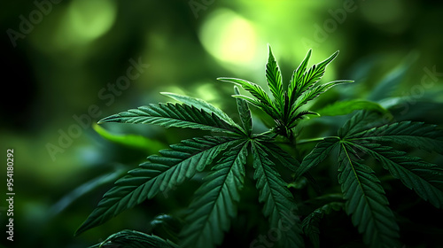 Close-up of a cannabis plant with green leaves in a blurred background.