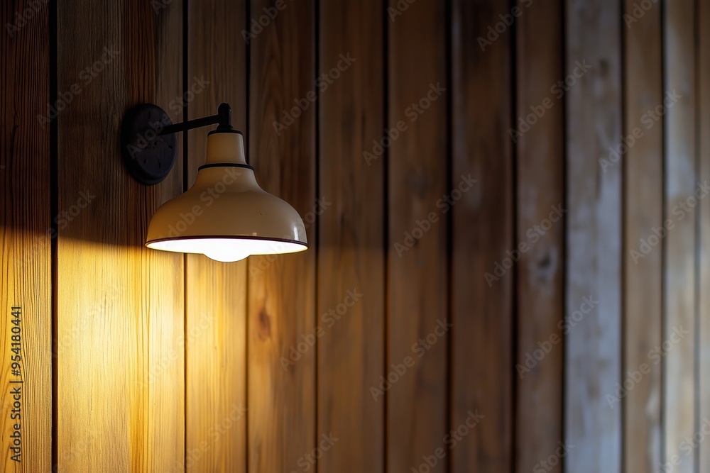 A stylish wall-mounted lamp casts a warm, inviting light over a rustic wooden wall, creating a cozy atmosphere. A stylish wall-mounted lamp casts a warm, inviting light over a rustic wooden wall, creating a cozy atmosphere.
