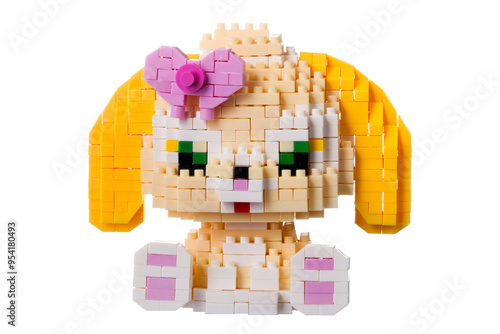 Plastic dog building block isolated on a white background. Cute animal toy for kids. Colorful DIY children nano bricks for play, education and problem solving. 