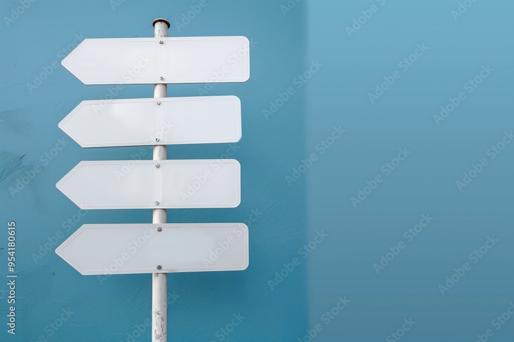 A white sign with four arrows pointing in different directions A white sign with four arrows pointing in different directions