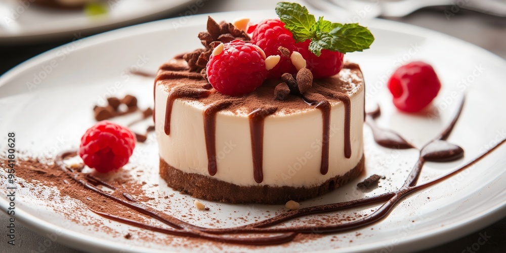 A sophisticated dessert with fresh raspberries, chocolate drizzle, mint leaves, and a dusting of cocoa powder. A sophisticated dessert with fresh raspberries, chocolate drizzle, mint leaves, and a dusting of cocoa powder.
