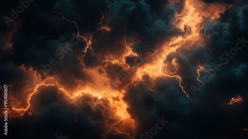 A stormy sky with lightning bolts and orange clouds. Scene is intense and dramatic