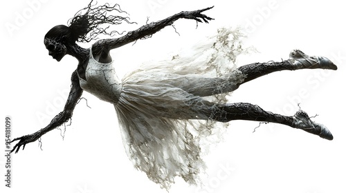 Ghostly ballerina with cracked limbs, adorned with haunting masks, detailed illustration, eerie yet elegant, isolated on white background photo