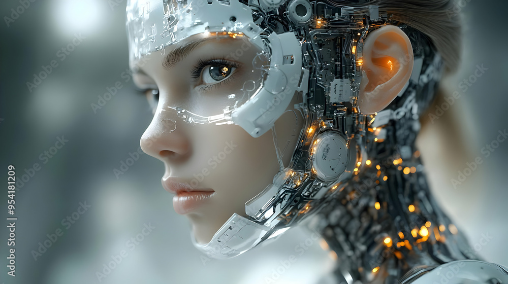 Close-up of a cyborg woman's face, showcasing intricate robotic features. Close-up of a cyborg woman's face, showcasing intricate robotic features.