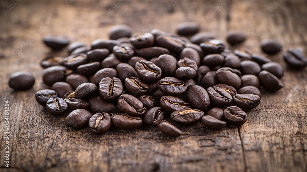 Dark roasted coffee beans on a textured wooden table surface Dark roasted coffee beans on a textured wooden table surface