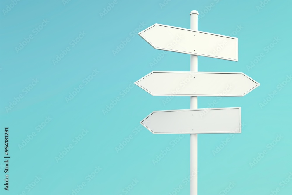 Three white street signs pointing in different directions Three white street signs pointing in different directions
