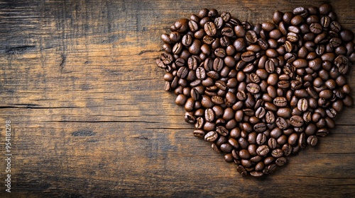 Coffee beans forming a heart shape on a wooden table background photo