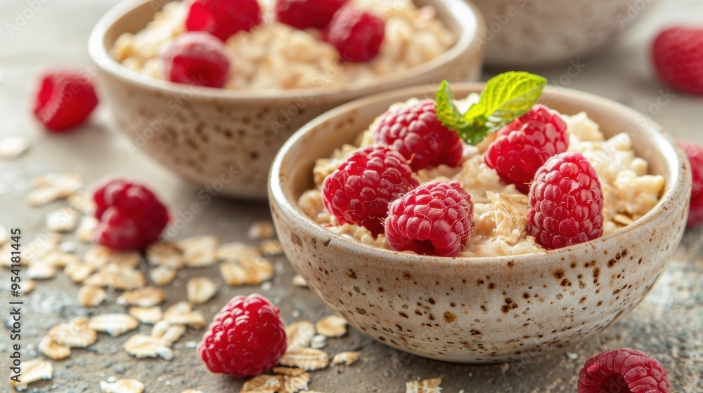 Breakfast cereal with milk yogurt and raspberry Breakfast cereal with milk yogurt and raspberry