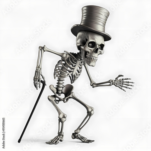 Creepy skeleton dancing, 3D Illustration, contour, isolated in white background