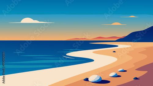 Serene Beach Scene with Seashells and Gentle Waves - Vector Illustration for Relaxation