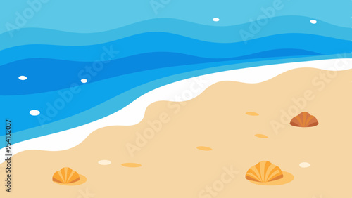 Serene Beach Scene with Seashells and Gentle Waves - Vector Illustration for Relaxation