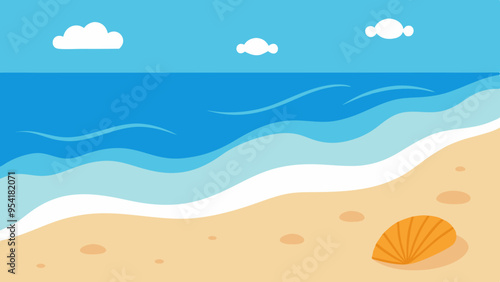 Serene Beach Scene with Seashells and Gentle Waves - Vector Illustration for Relaxation