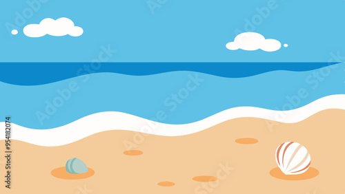 Serene Beach Scene with Seashells and Gentle Waves - Vector Illustration for Relaxation