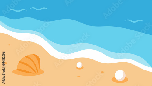 Serene Beach Scene with Seashells and Gentle Waves - Vector Illustration for Relaxation