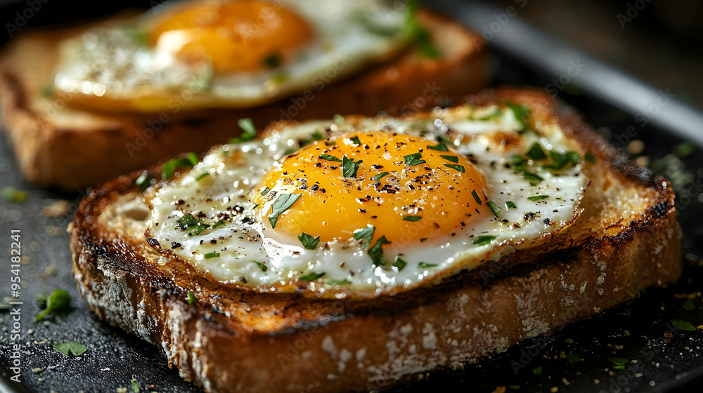 Close-up of a fried egg on toast with herbs and spices. Close-up of a fried egg on toast with herbs and spices.