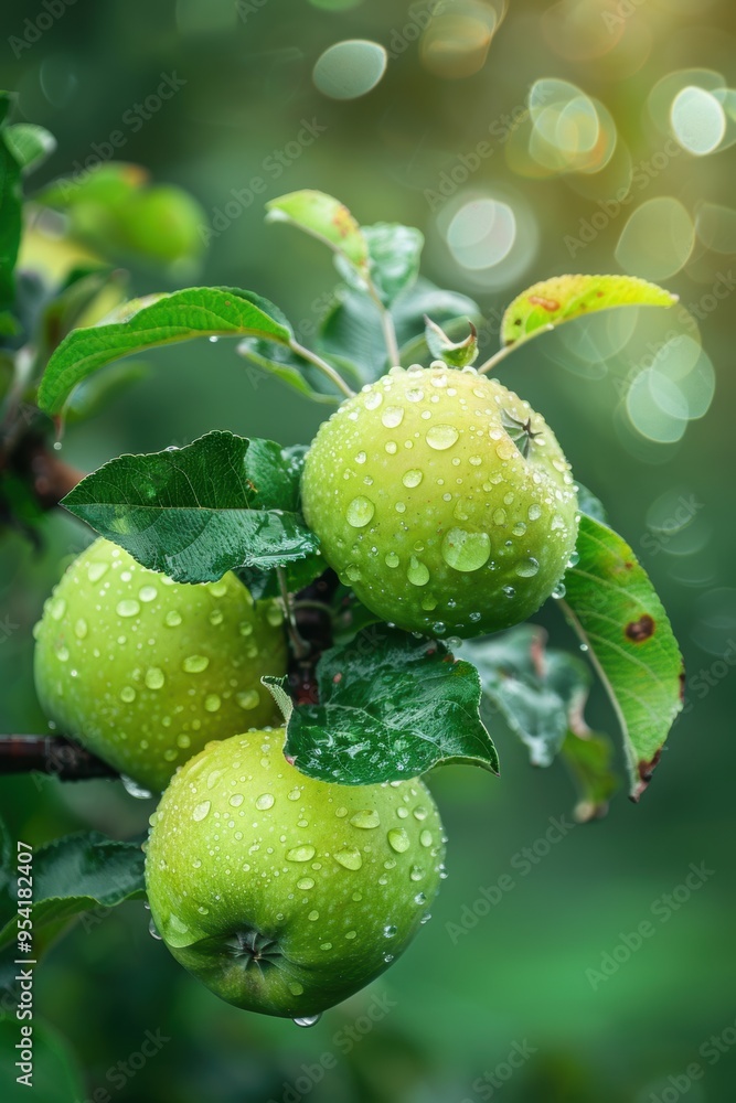 Ripe beautiful green apple fruit on tree in plantation farm orchard Ripe beautiful green apple fruit on tree in plantation farm orchard