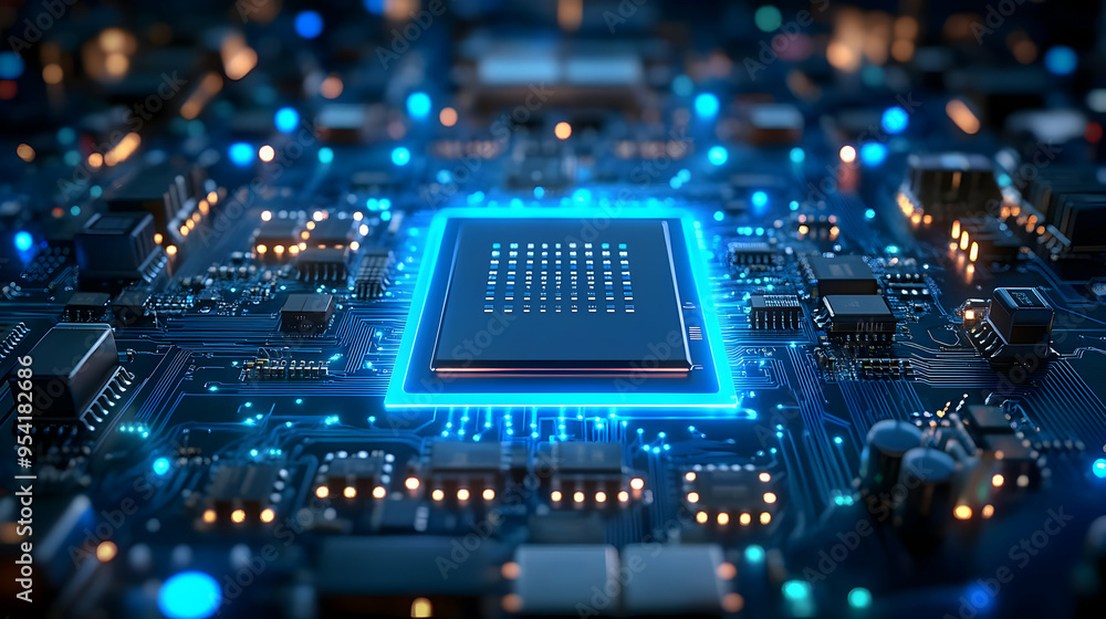 Close-up of a glowing CPU on a circuit board. Close-up of a glowing CPU on a circuit board.