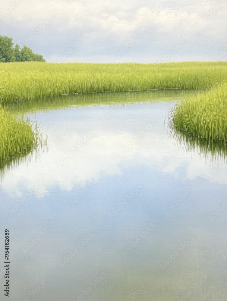 Obraz premium Pristine wetland marsh showcasing mirrored skies and lush vegetation in tranquil waters, creating a serene and captivating landscape.