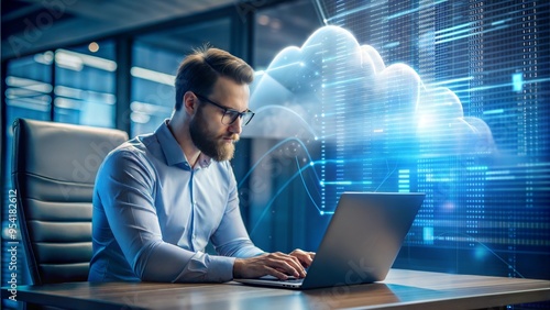 Full-stack developer working on cloud integration, coding in the background, modern software development process.