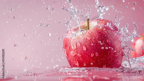 Fresh red ripe apple with water splash photo