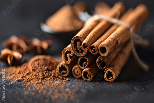 Cinnamon Sticks Bound with Thread on Dark Rustic Table | Warm Spices and Rustic Kitchen Decor photo