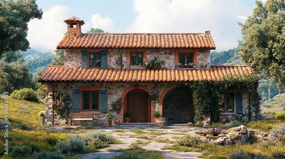 Traditional farmhouse architecture with graceful details for picturesque rural landscapes Traditional farmhouse architecture with graceful details for picturesque rural landscapes