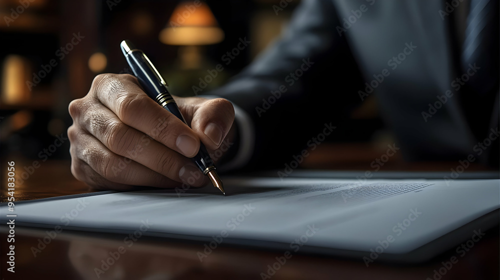 Close-up of a hand holding a fountain pen and signing a document. Close-up of a hand holding a fountain pen and signing a document.