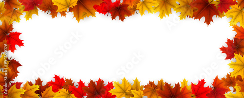 Horizontal border of vibrant autumn maple leaves in red, orange, and yellow tones. Vector illustration.