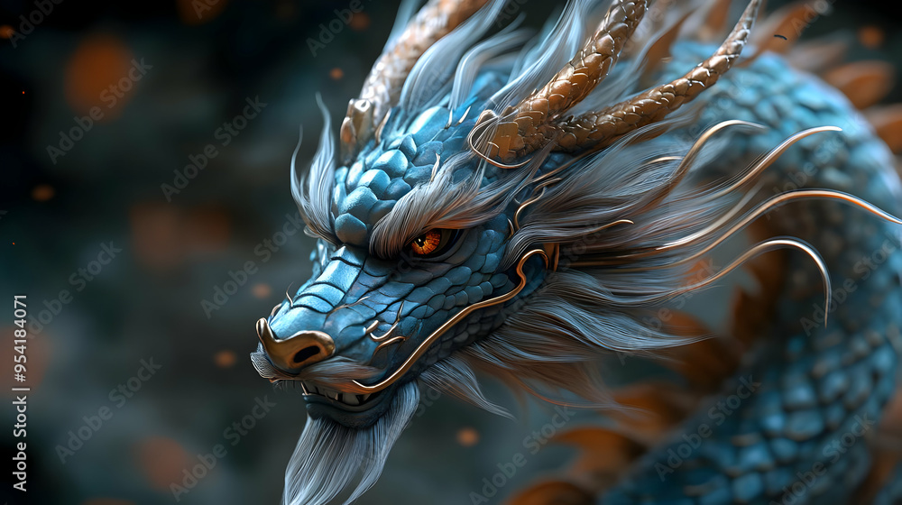 Close-up of a majestic blue dragon's face with golden accents and an intense gaze. Close-up of a majestic blue dragon's face with golden accents and an intense gaze.