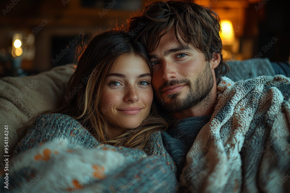 A married pair enjoying a cozy movie night under a blanket in their living room. Concept of relaxation and companionship. A married pair enjoying a cozy movie night under a blanket in their living room. Concept of relaxation and companionship.