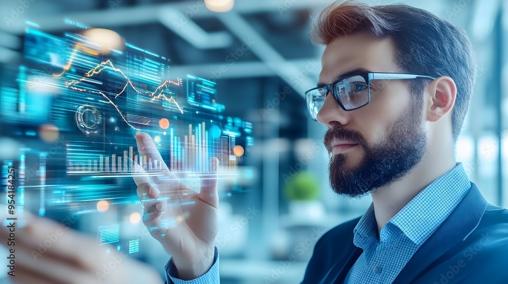 Businessman Analyzing Data on Holographic Screen Businessman Analyzing Data on Holographic Screen