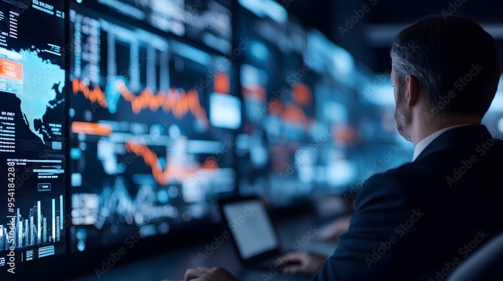 Businessman Analyzing Data on Large Screens Businessman Analyzing Data on Large Screens
