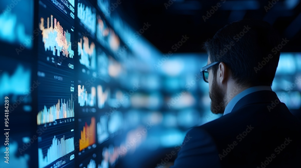 Businessman Analyzing Data on Large Screen Businessman Analyzing Data on Large Screen