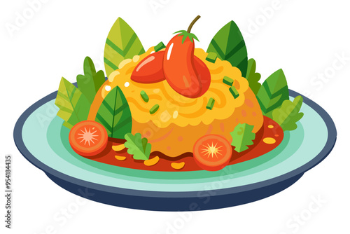 Delicious Bulgar Pilaf with Shrimps, Bell Peppers, and Greens - Vector Illustration