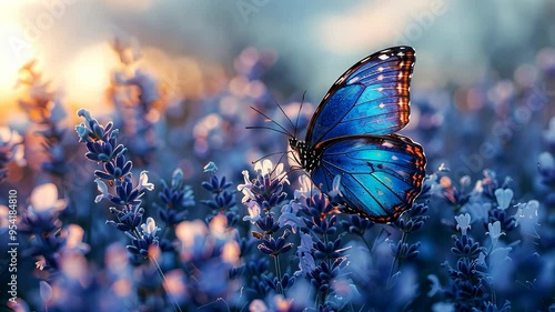 Blue butterfly resting on lavender flowers, vibrant colors at sunset. Nature and tranquility concept