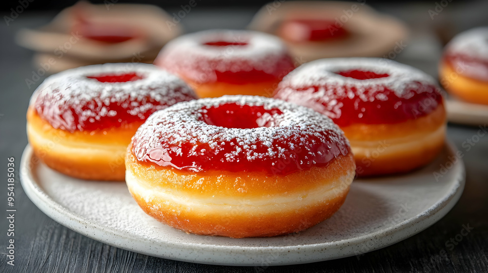 Close-up of a plate of four donuts filled with red jelly, dusted with powdered sugar. Close-up of a plate of four donuts filled with red jelly, dusted with powdered sugar.