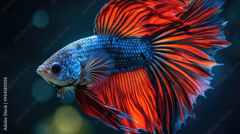 Fototapeta premium A close-up of a betta fish with its fins flared, showcasing its vibrant colors and graceful movements