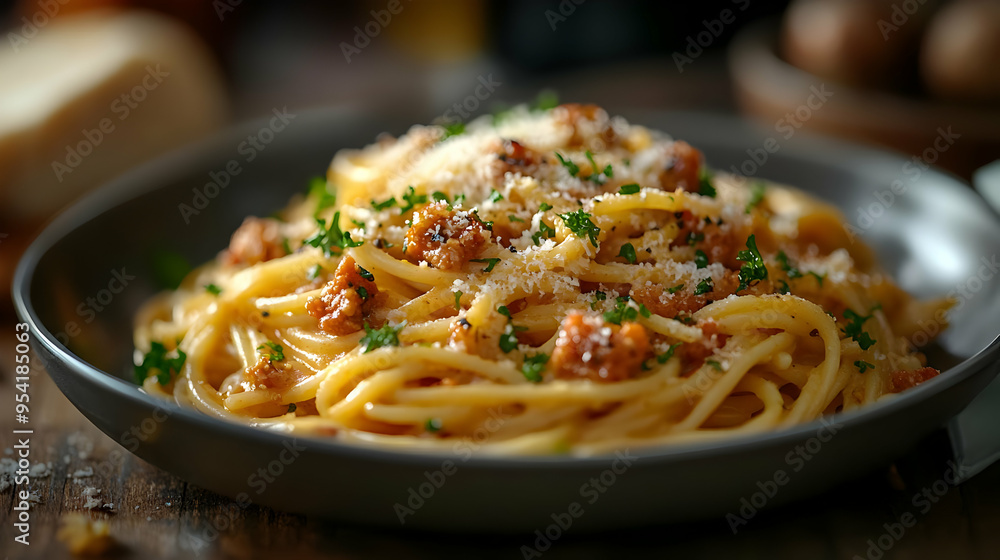 Close-up of a plate of spaghetti with meat sauce and parmesan cheese. Close-up of a plate of spaghetti with meat sauce and parmesan cheese.