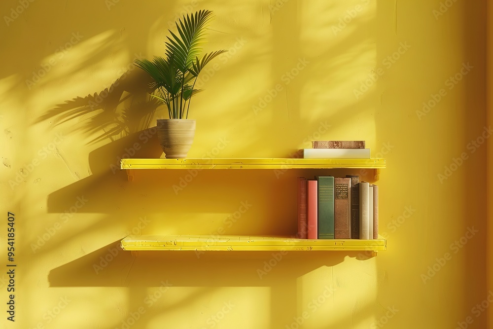 Yellow shelf with books and plant on yellow wall, Ai generated Yellow shelf with books and plant on yellow wall, Ai generated